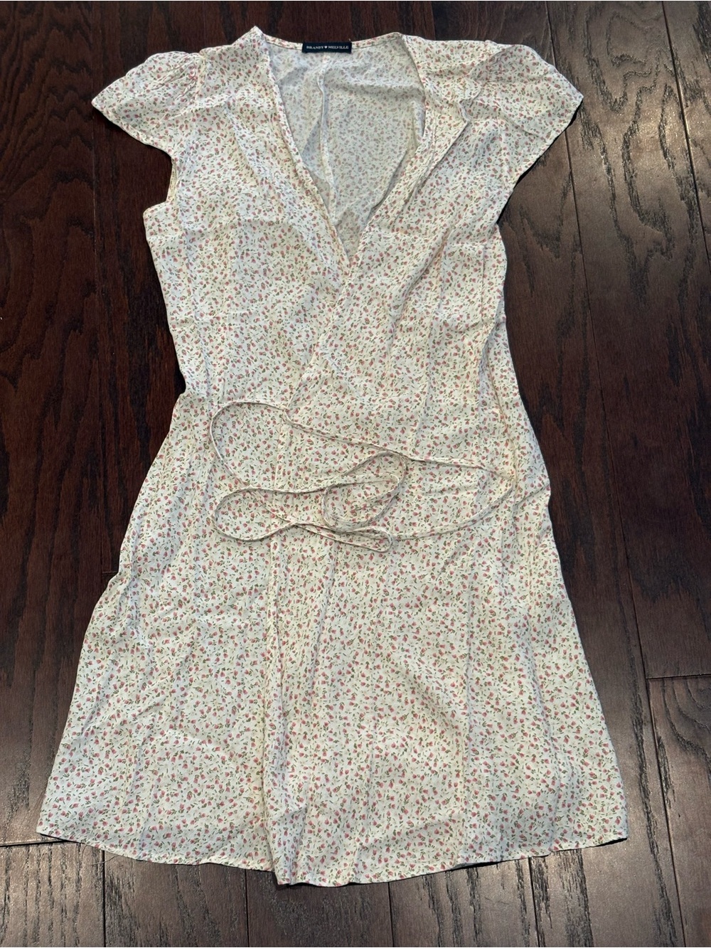 Brandy Melville Women's Cream, Pink Green Floral Wrap Sundress One Size